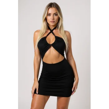 Kadın Siyah Sırt ve Göğüs Dekolteli Boyundan Bağlamalı Gecelik – Modern ve Şık Tasarım