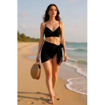 Kadın Siyah Transparan Belden Bağlamalı Pareo – Modern ve Şık Tasarım