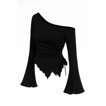 Kadın Siyah Uzun İspanyol Kollu Asimetirik Yaka Yandan Bağlamalı Drapeli Bluz