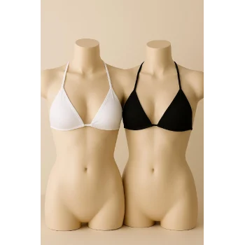 Kadın Siyah ve Beyaz Minimal Kesim Üçgen Bikini Üstü – Modern ve Şık Tasarım