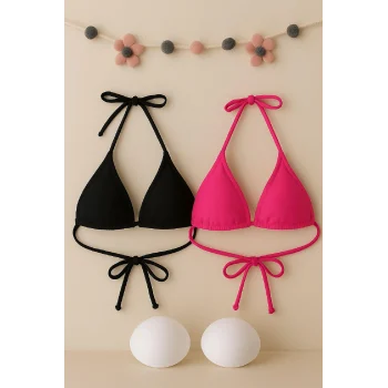 Kadın Siyah ve Fuşya Minimal Kesim Üçgen Bikini Üstü – Modern ve Şık Tasarım