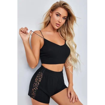 Kadın Siyah Yanları ve Sırtı Dantel Detaylı Çift Sıra İnce Lastikli Şortlu Gecelik Takım