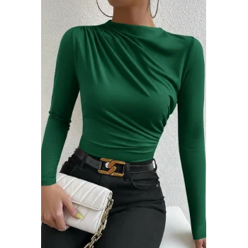 Kadın Yeşil Belden ve Boyundan Büzgü Detaylı Uzun Kollu Bluz