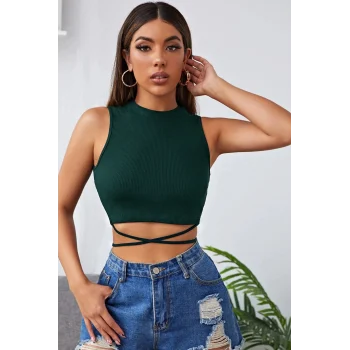 Kadın Yeşil Çapraz Bağlamalı Crop Top Büstiyer – Modern ve Şık Tasarım