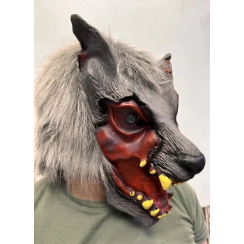Kafaya Tam Geçmeli Lateks Dişli Ağzı Açık Kurt Maskesi