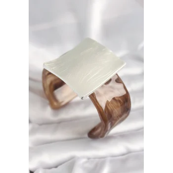 Kahverengi Mermer Desen Akrilik Plastik Gümüş Kare Plaka Model Vintage Kadın Bilezik