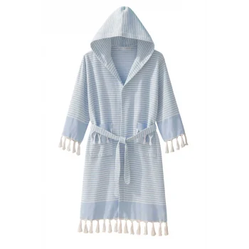 Kapşonlu Unisex Peştamal Plaj Bornozu  &#37;100 Pamuklu Marelina Mavi