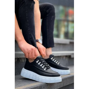 KB-X10 Kuback Siyah Cilt  Beyaz Yüksek Taban Günlük Spor Ayakkabı