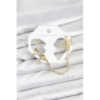 Kelebekli Model Pirinç Gold Renk Zincir Bağlantılı Ear Cuff Küpe Seti