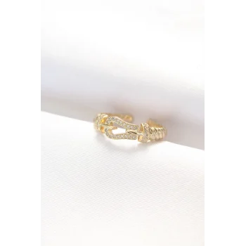 Kemer Tokası Tasarımlı Gold Renk Zirkon Taşlı Ayarlanabilir Yüzük