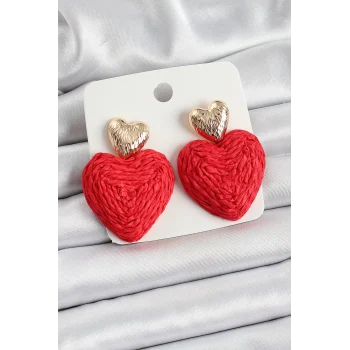Kırmızı Kalp Figürlü Hasır Örgü Model Gold Renk Kadın Küpe