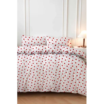 Kırmızı Kalpli Çift Kişilik Nevresim Takımı Pamuklu 180x200 Cm