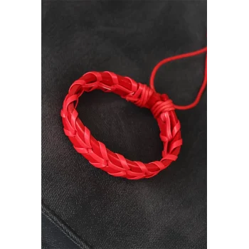 Kırmızı Örgü Deri Erkek Bileklik