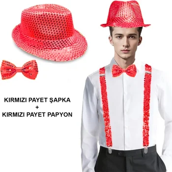 Kırmızı Payetli Şapka Ve Papyon Seti – Parıltılı Yetişkin Kostüm Seti