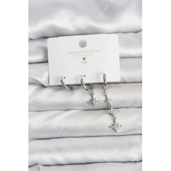 Kutup Yıldızı Model Gümüş Renk Pirinç 3lü Kadın Küpe Seti