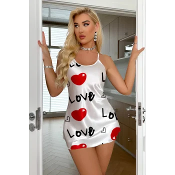 Love Desenli Beyaz Saten Gecelik