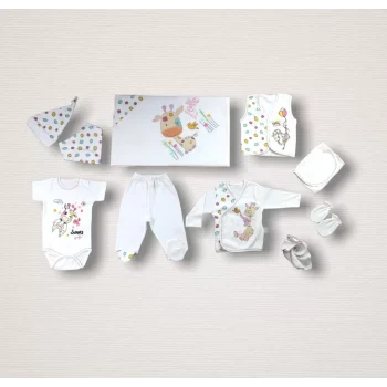 Luz&Pos Love Zürafa Nakışlı  10lu Zıbın Takımı Hastane Çıkışı Ekru