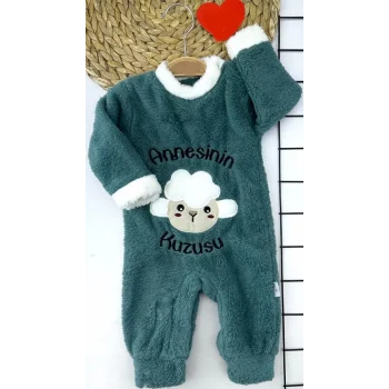 Luz&Pos 3-6-9-12 Ay Kuzu Tüylü Kumaş Annesinin Kuzusu Nakışlı Alttan Çıtçıtlı Kız Erkek Bebek Tulumu Petrol Mavisi