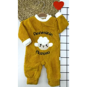 Luz&Pos 3-6-9-12 Ay Kuzu Tüylü Kumaş Annesinin Kuzusu Nakışlı Alttan Çıtçıtlı Kız Erkek Bebek Tulumu Hardal