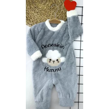 Luz&Pos 3-6-9-12 Ay Kuzu Tüylü Kumaş Annesinin Kuzusu Nakışlı Alttan Çıtçıtlı Kız Erkek Bebek Tulumu Gri