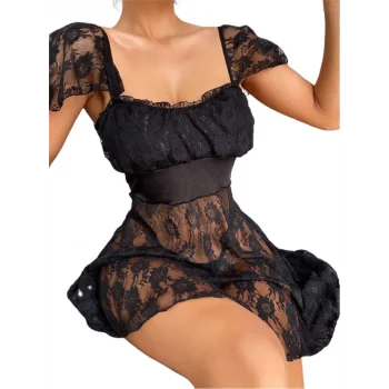 Luz&Pos  Alt Kısmı Tül Üst Kısmı Jarse Mini Fantazi Siyah Gecelik