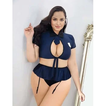Luz&Pos Arias Closet Büyük Beden Lacivert Göğüs Detay Büstiyerli Kravatlı Mini Etekli Fantezi Polis Kostümü