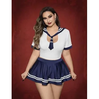 Luz&Pos Arias Closet Büyük Beden Lacivert Mini Etekli Fantezi Denizci Kostümü