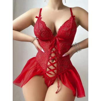 Luz&Pos Arias Closet Kırmızı Dantel Detaylı Önü Dekolteli Fantezi Babydoll