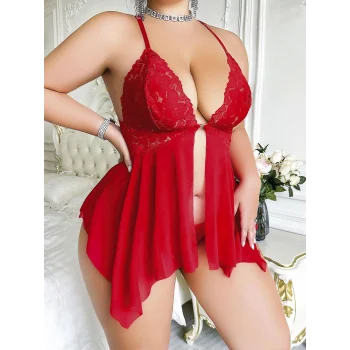 Luz&Pos Arias Closet Büyük Beden Dantel İşlemeli Fırfırlı Dekolteli Fantezi Tül Kırmızı Gecelik