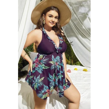 Luz&Pos Arias Closet Büyük Beden Mor Üstüne Çiçek Desenli Boyundan Bağlamalı Elbise