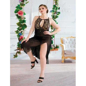 Luz&Pos Arias Closet Büyük Beden Siyah Tül Fantezi Uzun Yırtmaçlı Gecelik