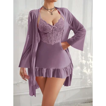 Luz&Pos Arias Closet Özel Tasarım Dantel İşlemeli Fırfırlı Sabahlıklı 2li Mor Gecelik Takımı