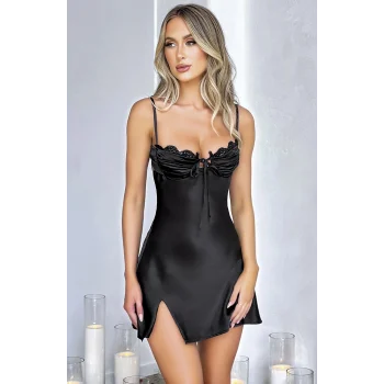 Luz&Pos Arias Closet Özel Tasarım Yırtmaçlı İnce Askılı Dantel İşlemeli Siyah Mini Saten Gecelik