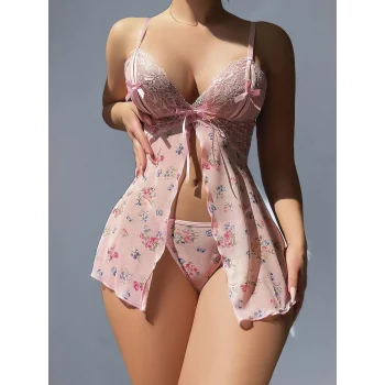 Luz&Pos Arias Closet Pembe Dantel İşlemeli Çiçek Desenli Fantezi Gecelik