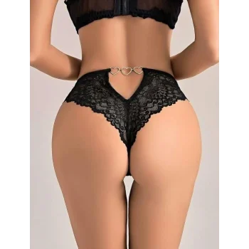 Luz&Pos Arias Closet Siyah Dantel İşlemeli Arkası Kalp Detaylı Fantezi String Tanga