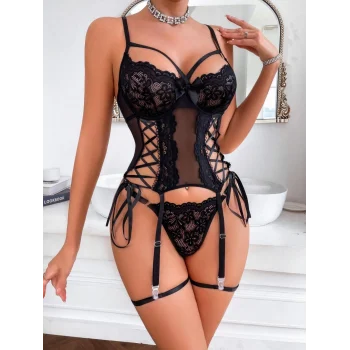 Luz&Pos Arias Closet Siyah Dantel İşlemeli Göğüs Dekolteli İp Detaylı Fantezi Jartiyer Takımı