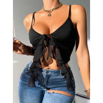 Luz&Pos Arias Closet Siyah İnce Askılı Önden Bağlamalı Fırfır Detaylı Crop