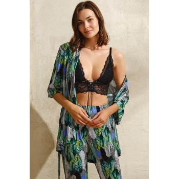 Luz&Pos Arias Closet Viskon Yaprak Baskılı Sabahlık Balensiz Desteksiz Dolgusuz Dantelli Bralet Sütyen Ve Pantolon Pijama 3lü Takım