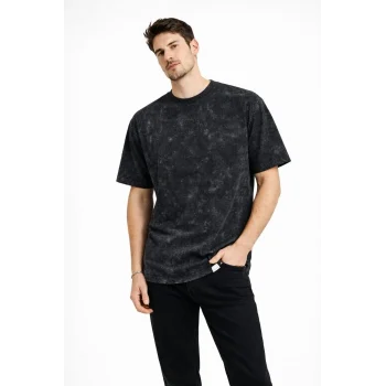 Luz&Pos Erkek Asit Yıkama Bisiklet Yaka Kısa Kollu Oversize T-shirt Tişört - Siyah