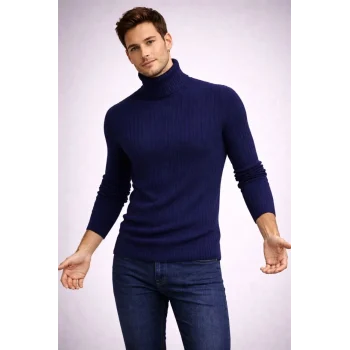 Luz&Pos Erkek Balıkcı Yaka Bağazlı Triko Kazak Pamuklu Kalın Fitilli Dokuma, Regular Fit Uzun Kollu Kışlık Model - Lacivert