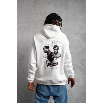 Luz&Pos Erkek Kol Ve Etek Ribana Baskılı Kapüşonlu Sweat - Beyaz