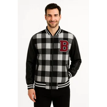 Luz&Pos Erkek Kolej Ceket – Kareli Oduncu Kumaş, Kolları Suni Deri, Fermuarlı, İçi Kapitone Astarlı, Nakışlı Oversize Bahar & Kış Stil - Gri