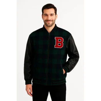 Luz&Pos Erkek Kolej Ceket – Kareli Oduncu Kumaş, Kolları Suni Deri, Fermuarlı, İçi Kapitone Astarlı, Nakışlı Oversize Bahar & Kış Stil - Haki