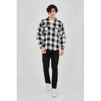 Luz&Pos Erkek Oduncu Gömlek – Uzun Kollu, Şardonlu Kumaş, Kareli Desen, Regular Fit, Manşetli, Çift Cepli, Rahat Günlük Bahar & Kış Stil - Siyah