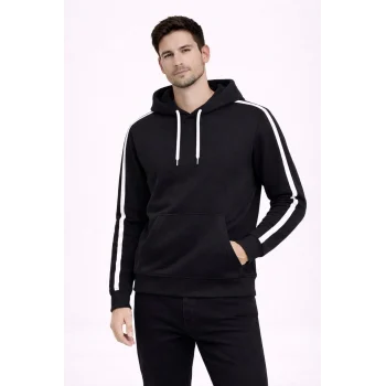 Luz&Pos Erkek Şeritli Kapüşonlu Sweatshirt Oversize 3 İplik Pamuklu - Siyah