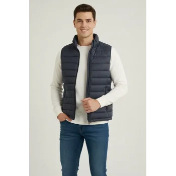 Luz&Pos Erkek Şişme Fermuarlı Yelek Su İtici Kapitone Astarlı Kumaş Cepli Hafif Kışlık Spor Rahat Kalıp - Lacivert