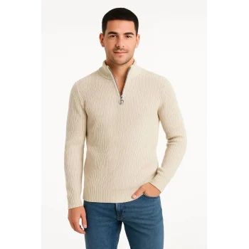 Luz&Pos Erkek Yarım Fermuarlı Triko Kazak – Selanik Örgü, Dik Yaka, Pamuklu Dokuma, Regular Fit Uzun Kollu Kışlık Model - Bej