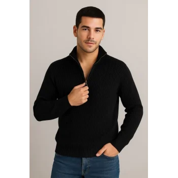 Luz&Pos Erkek Yarım Fermuarlı Triko Kazak – Selanik Örgü, Dik Yaka, Pamuklu Dokuma, Regular Fit Uzun Kollu Kışlık Model - Siyah