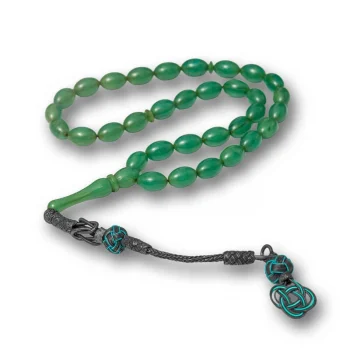 Luz&Pos Gümüş Kazaz Püsküllü Yeşil Sıkma Kehribar Tesbih