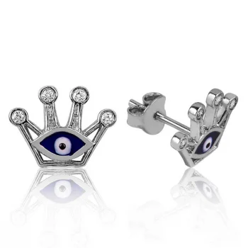 Luz&Pos Gümüş Nazarlı Kraliçe Tacı Çivili Küpe